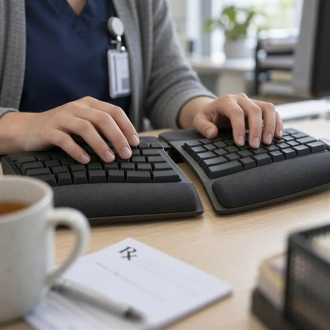 Travail sur écran - s'équiper et s'installer pour durer 7 Le clavier scindé, incliné, avec repose-poignets Travail sur écran : s'équiper et s'installer pour durer